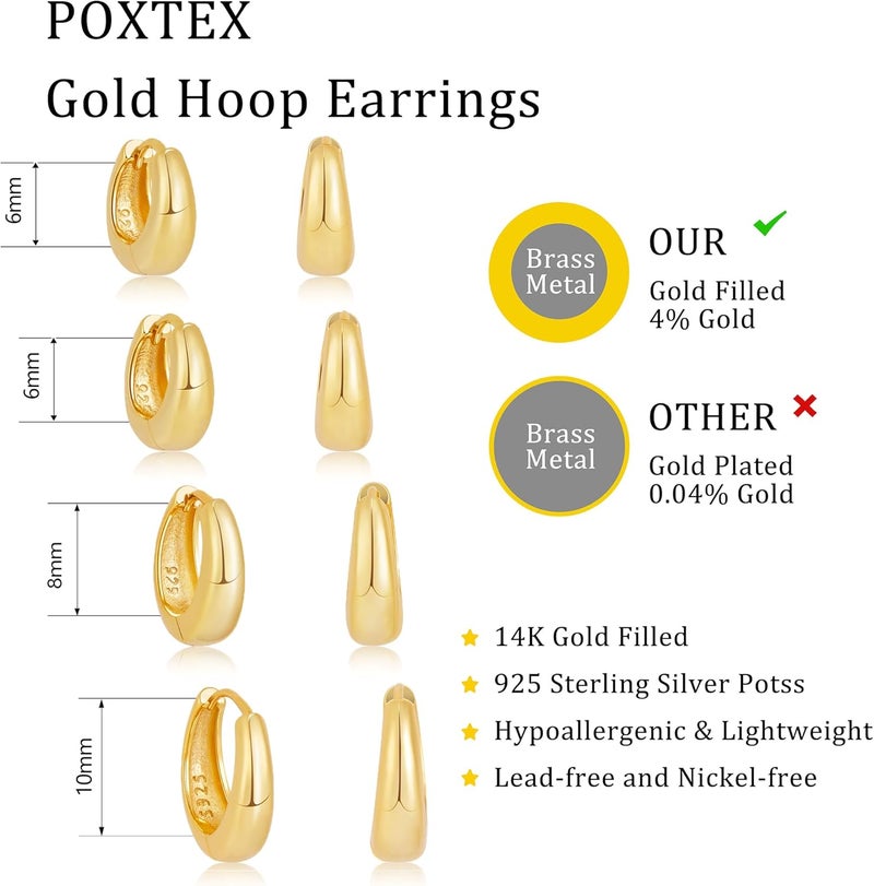 Poxtex Small Sterling Silver Huggie Hoop Earrings Set for Women, Hypoallergenic 14K Gold Plated Hoops Stacks for Multiple Piercings, Dainty Cute Mini Lightweight Cartilage Studs Trendy Jewelry Gift - Image 4